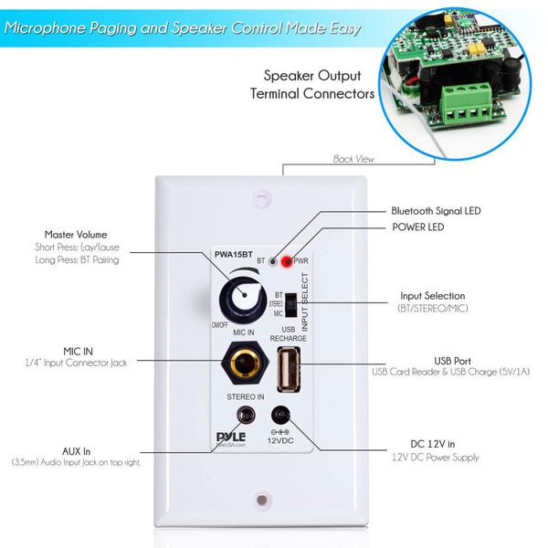 Main product image for Pyle PWA15BT In-Wall Wall Plate Audio Control Ampli 310-2682